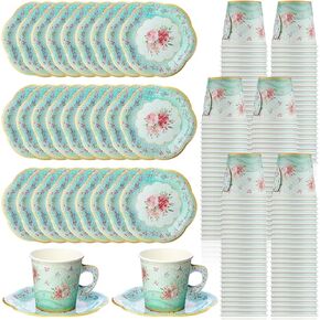 RTTERI 100 PCS شاي حفلة الشاي 6.5 أوقية أكواب الشاي الورقية والصحون التي تشمل 50 جهاز كمبيوترا يمكن التخلص منها شاي 50 PCS لوحات شاي لوحات الزهور