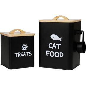 Calindiana Airtight Cat Food Storage Container with Bamboo Lid & Scoop – Farmhouse Cat Food Organizer, Gifts for Cat Lovers (Cream White)