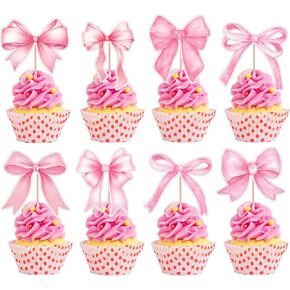 16pcs القوس الوردي القبعات القبعات العليا القوس كعكة topper bowknot كب كيك ديكورات للبنات استحمام الطفل زخارف عيد ميلاد coquette