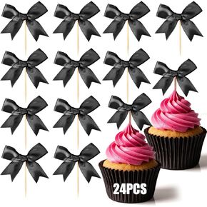 24pcs bow cupcake toppers - black bow cake topper topper decorations ، bowknot cupcake chors for coquette bow them party party bachelorette iss