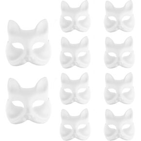 10PCS Therian Masks White DIY Fox Mask to Paint Animal Dress Up Masks Half for Masquerade Halloween Cosplay Costume Party Favors