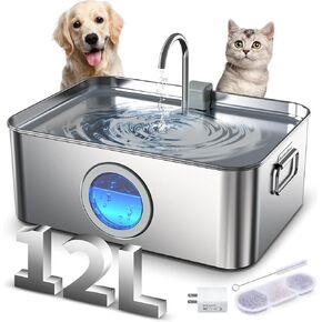 نافورة مياه الكلب من الفولاذ المقاوم للصدأ 12L/410oz/3.2gal ، Dysj01 فولت هادئة مياه الحيوانات الأليفة النافورة للقطط الكلاب الكبيرة والمنزل متعدد الأطوار مع نافذة مستوى المياه ومؤشر LED