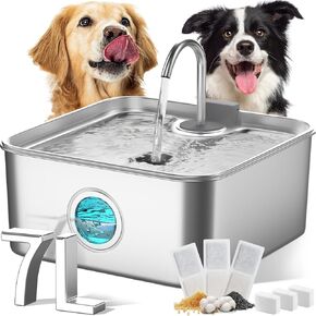 FUKUMARU Dog Water Fountain - 1.8 Gal/236oz/7L Ultra Quiet Pump (28.5dB) & 4-Stage Filter System Stainless Steel Kitty Water Fountains for Multi-Cat/Dog Homes, with 3 Filters