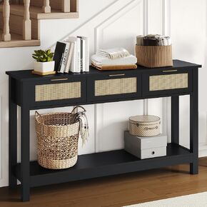 Luoxiao Rattan Console Table Boho Entryway Table with 3 Drawers Narrow Long Sofa Table Behind Couch Table with Storage Shelf for Living Room Corridor Hallway Foyer, Wood