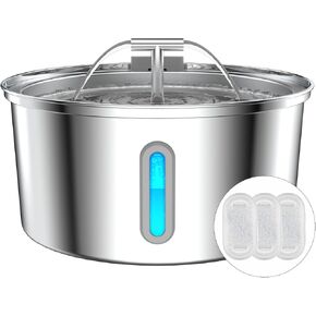 Cat Water Fountain Stainless Steel, 0.8gal/108oz Pet Water Fountain, 3 Replacement Filters, Automatic Cat Fountain with Quiet Pump Suitable for Cats, Dogs and Multi-pet households (Window)
