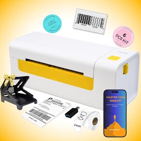 Bluetooth Thermal Shipping Label Printer for Small Business. Includes Paper Holder, 4x6 Labels, 2" Round Stickers, USB C, and E-Book.Compatible with Android, iOS, Windows, Mac.