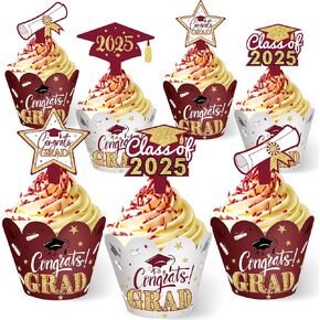 Sinmoe 96 Pitch 2025 Cupcake Cupcake Toppers Wrappers Congrats Grad Cake Cake Cap Cap Diploma Cake Cake Placks Class of 2025 Graduation Party Supplies (Maroon Gold)