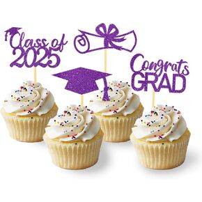 2025 Graduation Cupcake Toppers, Class of 2025 Cupcake Toppers for Graduation Decorations, Congrats Grad Graduation Cake Decorations - Set of 24 (Black)