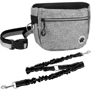 Qwork Hands Hands Free Dog Back مع حزمة فاني مقاومة للماء - مقود قابل للتعديل يصل إلى 46.5 بوصة ، مقابض مبطنة مزدوجة ، تقليم السلامة العاكسة ، مثالية للمشي ، الركض