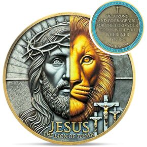 Lion of Judah Christian Challenge Coin - Joshua Rare 1: 9 Coins Denical Jesus - Inspirational Cross God Pocket Bible Reses Chip Token للدراسة - حظ سعيد للهدايا التذكارية للرجال النساء