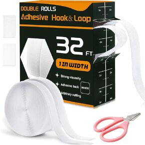 32 Ft × 1 Inch Hook and Loop Strips with Adhesive, 2 Rolls White Self Sticky Double Sided Heavy Duty Strips, Sticky Back for Fabrics Nylon Adhesive Tape for Home Office School and Crafting
