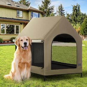 PETSFIT Dog House Outdoor, Upgraded Dog Shelter with Weatherproof PVC Canopy, Breathable Mesh Windows and Sunshades, Elevated Dog Bed with Protable Carring Case (Blue)