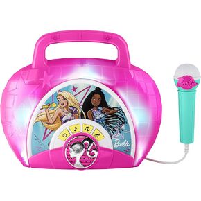 eKids Barbie Sing Along Boom Box Speaker with Microphone for Fans of Barbie Toys, Kids Karaoke Machine with Built in Music and Flashing Lights