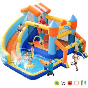 Bounce House, Inflatable Bounce House with Water Slide for Kids Indoor & Outdoor, Bouncy Castle with Football Frame, Water Cannon, Basketball Hoop & Ring Toss, Water Slides for Kids Backyard