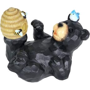 Exhart Garden Sculpture, Solar Black Bear Statue with Blue Bird, LED Bee Hive, Hand Painted Outdoor Garden Decoration, 9.5 x 7.5 Inch