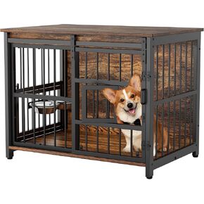 Dog Crate Furniture for Medium Dogs, Sliding Barn Door Dog Crate with Interactive Window for Anxiety Dogs, 360°Rotatable & Elevated Dogs Bowls, Wooden Dog Kennel Furniture, Dog Cage Furniture Indoor
