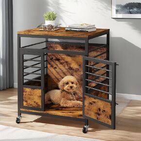 YITAHOME 24" Dog Crate Furniture with Wheels, Farmhouse Decorative Wood Dog Cage End Table Chew-Resistant Wooden Dog Kennel Indoor for Small Dogs, Rustic Brown