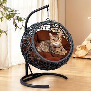 Keiki Cat Hammock with Stand - Rattan Wicker Swing Bed ، كرسي بيض مريح للقطط والكلاب الصغيرة ، وسادة صفراء شملتها
