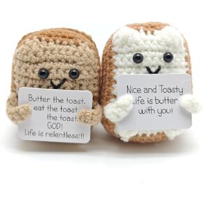 Pop Emotional Support Toast, Handmade Funny Positive Food Crochet Toy with Inspirational Card Plush Knitted Knitting Toast Loaf Couple Doll Cute Cheer up Gift Reduce Pressure for Women Men Decoration