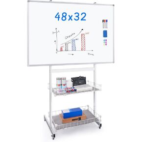 maxtek Rolling Whiteboard, 48x32 Large Magnetic White Board with Stands, Big White Board Dry Erase on Wheels with Baskets for Classroom, Office, Homeschool, Home Office