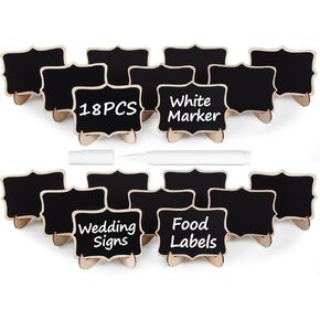 Herda 18 PCS Mini Chalkboard Signs with Easel Stand, Wooden Blackboard Labels for Wedding Celebration, Name/Place Cards, Food Labels for Party Buffet, Reusable Signs/Message Boards/Table Numbers etc.