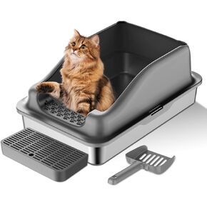 Stainless Steel Litter Box with Lid Scoop & Tray Metal Cat Litter Box Non-Sticky,Anti-Leakage,Easy Cleaning Enclosed Cat Litter Boxes with High Wall Sides Enclosure