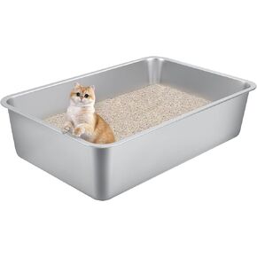 صندوق القمامة القطط من الفولاذ المقاوم للصدأ للقطط الكبيرة-17.5 "x13.6" × 6.1 "صينية معدنية عالية الجوانب ، مقاوم للبلاش والرائحة ، مقاوم لدائم الصدأ ، سهل التنظيف