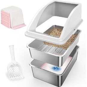 صندوق القمامة الفولاذ المقاوم للصدأ لصالح القمامة بيله بيله القمامة XXL Sifting Cat Sterter Box مع غطاء للقطط الكبيرة | تسرب عالي الوجه ، مضاد للوراين | القاع غير العصبي