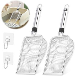 AccEncyc Cat Litter Scoop 2PCS Stainless Steel Mesh Litter Shovel Poop Sifting Litter Box Scooper with 2 Self-Adhesive Hooks, Kitten Pooper Lifter for Litter Box
