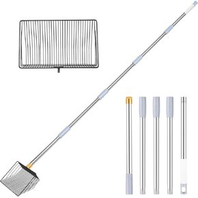 Chicken Poop Scooper, 10" Wide Heavy Duty Metal Chicken Poop Scoop with 5-Level Adjustable Stainless Steel Handle (32" - 75"), 5-in-1 Multifunctional Litter Sifter for Chicken Coops