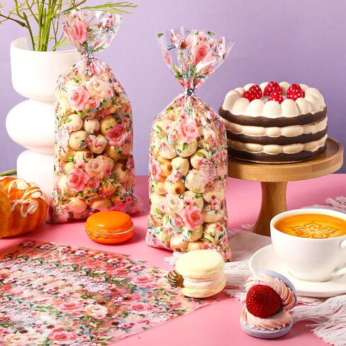 Outus 100 Pieces Party Cellophane Treat Bag Floral Candy Bags for Baby Shower Wedding Bridal Shower Supplies Favors Decorations Birthday Theme Floral Graduation Decor (Wild Flowers) in Saudi Arabia