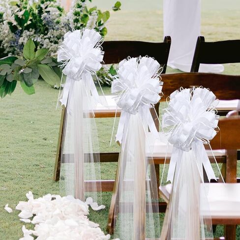 30 Set Wedding Pew Bows with Long Tulle Tails Wedding Aisle Decorations Church Chair Aisle Decorations Wedding Car Decoration Big Bows for Bridal Shower ReceptionAnniversary in Kuwait