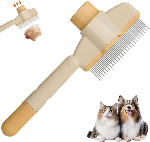 Pet Hair Removal Comb Flea Comb, New Cat Brush with Release Button Pet Hair Grooming Brush Supplies (Y+G) in Kuwait