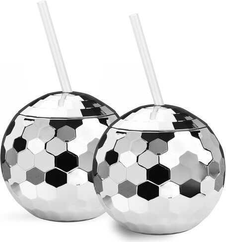 ALINK Disco Ball Cups with Straws, 20 OZ Silver Disco Party Tumbler, Taylor Birthday Party Decorations Cups for Bachelorette Party, Bride Shower, 1970s Nightclub Barbie, Pack of 2 in Saudi Arabia