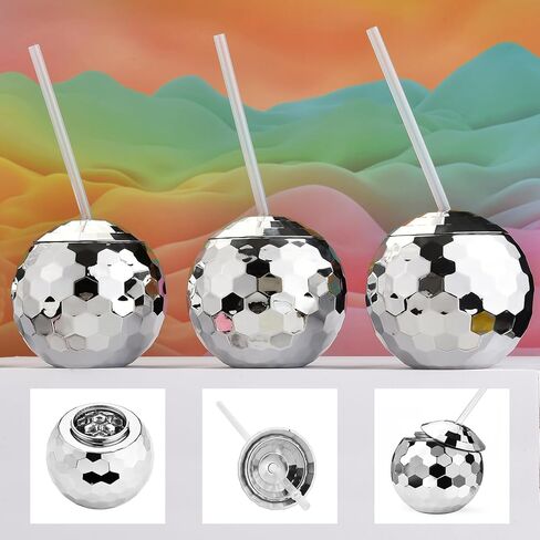 ALINK Disco Ball Cups with Straws, 20 OZ Silver Disco Party Tumbler, Taylor Birthday Party Decorations Cups for Bachelorette Party, Bride Shower, 1970s Nightclub Barbie, Pack of 2 in Kuwait
