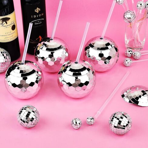 ALINK Disco Ball Cups with Straws, 20 OZ Silver Disco Party Tumbler, Taylor Birthday Party Decorations Cups for Bachelorette Party, Bride Shower, 1970s Nightclub Barbie, Pack of 2 in Kuwait