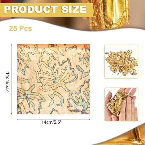 MECCANIXITY 25 Pcs Gold Leaf Sheets 5.5" x 5.5" Imitation Gold Foil Sheets Variegated Booklet with Pattern for Crafts,Picture Frames,Nails and DIY Arts Decoration,Copper Blooming Flower in Kuwait