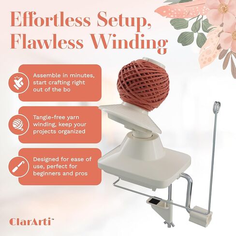 Clararti Yarn Ball Winder للكروشيه ، الحياكة ، وغيرها من الحرف الغزل | سريع ، هادئ ، يخلق كرات الغزل وكعك الغزل | السعة المتوسطة ، يمكن أن تتعامل مع متوسط ​​خيوط الغزل (أبيض) in Kuwait