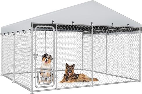 YITAHOME 10'x10' Large Outdoor Dog Kennel with Rotating Feeder Bowls, Outdoor Dog Enclosure with Roof, Heavy Duty Dog Cage for Large Dogs in Saudi Arabia