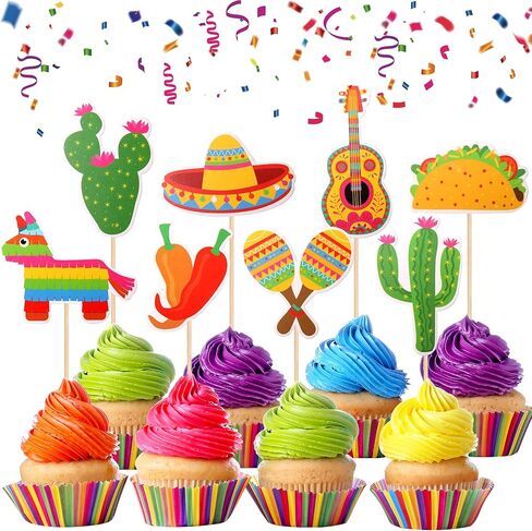 32 PCS Mexican Fiesta Cupcake Toppers Assembled Cactus Donkey Maraca Sombrero Guitar Cupcake Picks Mexican Fiesta Theme Baby Shower Birthday Party Cake Decorations Supplies in Saudi Arabia