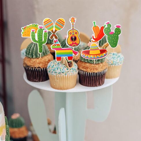 32 PCS Mexican Fiesta Cupcake Toppers Assembled Cactus Donkey Maraca Sombrero Guitar Cupcake Picks Mexican Fiesta Theme Baby Shower Birthday Party Cake Decorations Supplies in Saudi Arabia