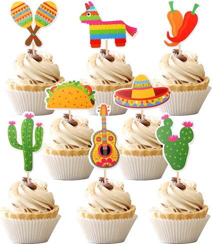 32 PCS Mexican Fiesta Cupcake Toppers Assembled Cactus Donkey Maraca Sombrero Guitar Cupcake Picks Mexican Fiesta Theme Baby Shower Birthday Party Cake Decorations Supplies in Saudi Arabia