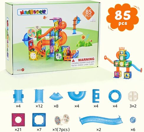 MAGBLOCK 85Pcs Marble Run Toy Magnetic Tiles STEM Educational Building Blocks Child Brain Development Kit Magnet Construction Toys for Boys Girls Kids Age 5 6 7+ Years Old in Kuwait