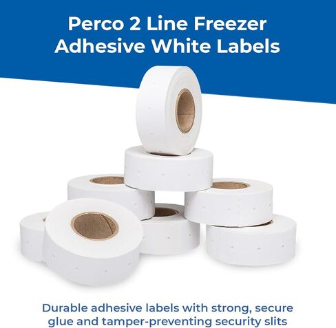 Perco 2 Line Freezer Adhesive Labels - 8 Rolls, 1 Sleeve, 6,000 Blank Price and Date Gun Labels for Perco 2 Line Price and Date Guns - Made in USA in Kuwait