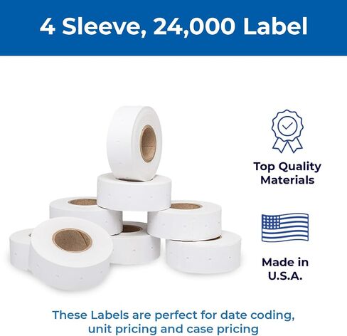 Perco 2 Line Freezer Adhesive Labels - 8 Rolls, 1 Sleeve, 6,000 Blank Price and Date Gun Labels for Perco 2 Line Price and Date Guns - Made in USA in Kuwait