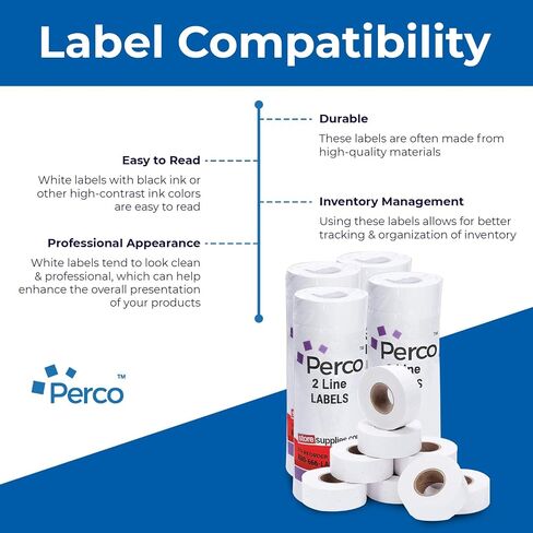 Perco 2 Line Freezer Adhesive Labels - 8 Rolls, 1 Sleeve, 6,000 Blank Price and Date Gun Labels for Perco 2 Line Price and Date Guns - Made in USA in Kuwait