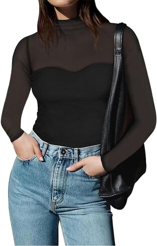 Women's Sexy Mock Turtle Neck Long Sleeve Shirts Sheer Mesh Going Out Bodysuits Tops in Saudi Arabia