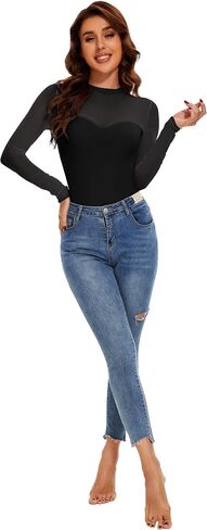 Women's Sexy Mock Turtle Neck Long Sleeve Shirts Sheer Mesh Going Out Bodysuits Tops in Saudi Arabia