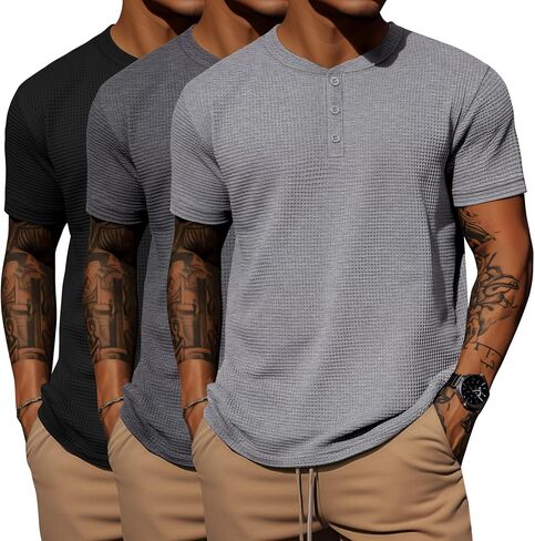 Ficerd 3 Pack Men's Waffle Henley Shirts, Short Sleeve Tees Cotton Summer Casual T-Shirts Knitted Pullover Tops 2025 in Saudi Arabia
