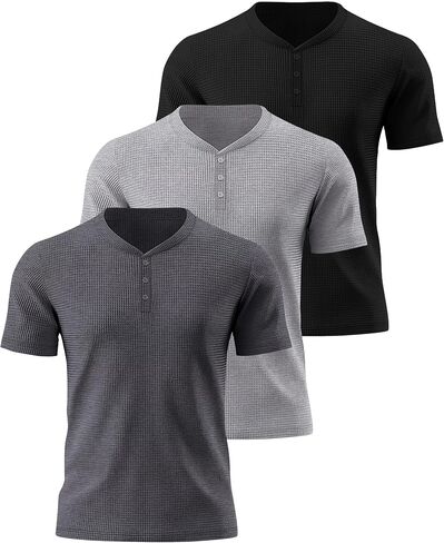 Ficerd 3 Pack Men's Waffle Henley Shirts, Short Sleeve Tees Cotton Summer Casual T-Shirts Knitted Pullover Tops 2025 in Saudi Arabia